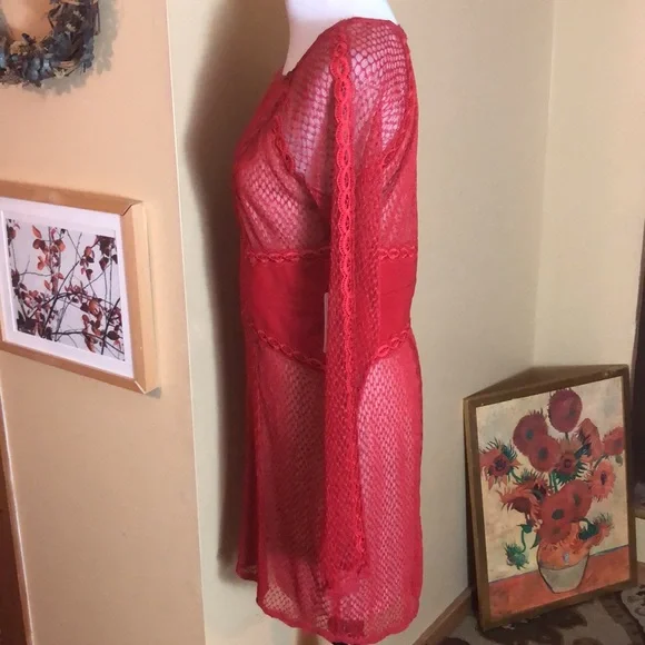 FREE PEOPLE Size Large Lace Cocktail Dress Cherry Red Scalloped Bodycon $250NWT - Picture 6 of 16